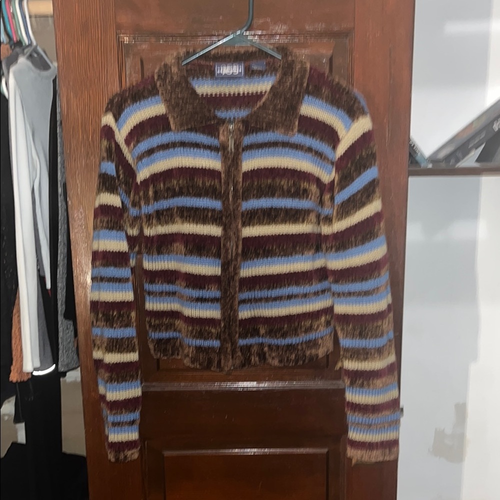 Vintage Brown, Blue, beige Striped Cardigan Sweater